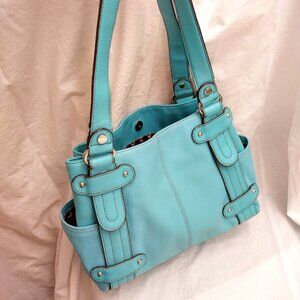 * TIGENANELLO, Turquoise Leather Baby Blue Large Handbag 15 x 12 Side Pockets
